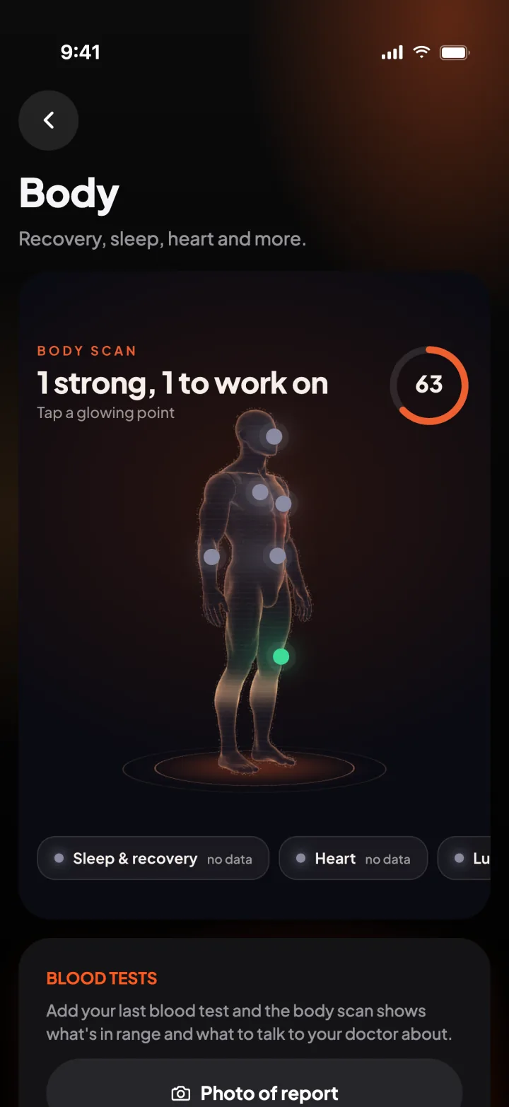 The Body screen: a body scan showing recovery, with sleep, heart and blood tests